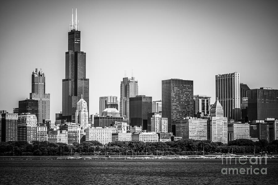 Chicago Skyline with Sears Tower in Black and White Photograph by Paul Velgos
