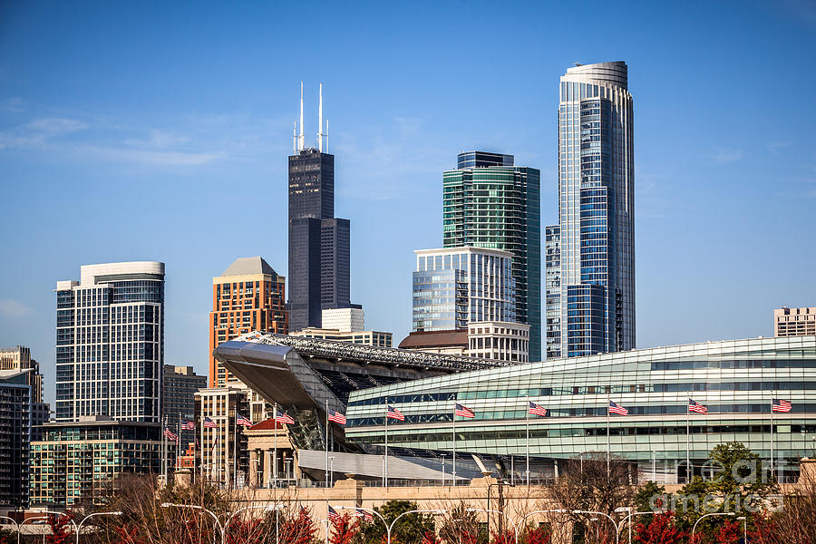 Chicago Bears Photograph - Chicago Skyline with Soldier Field and Sears Tower  by Paul Velgos