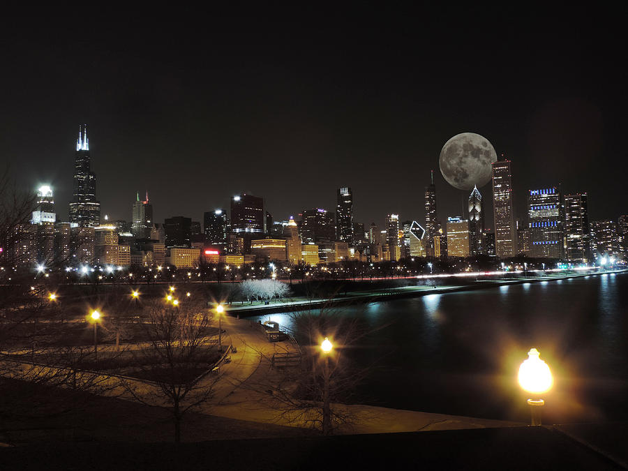 Chicago Skyline with the Moon Photograph by Cityscape Photography