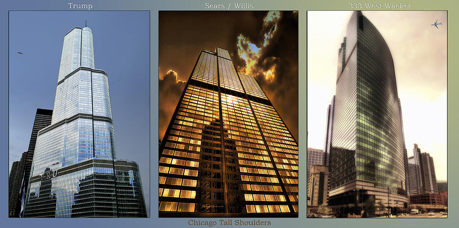Chicago Tall Shoulders Trump Sears 333 w Wacker Triptych 3 Panel 01 Photograph by Thomas Woolworth
