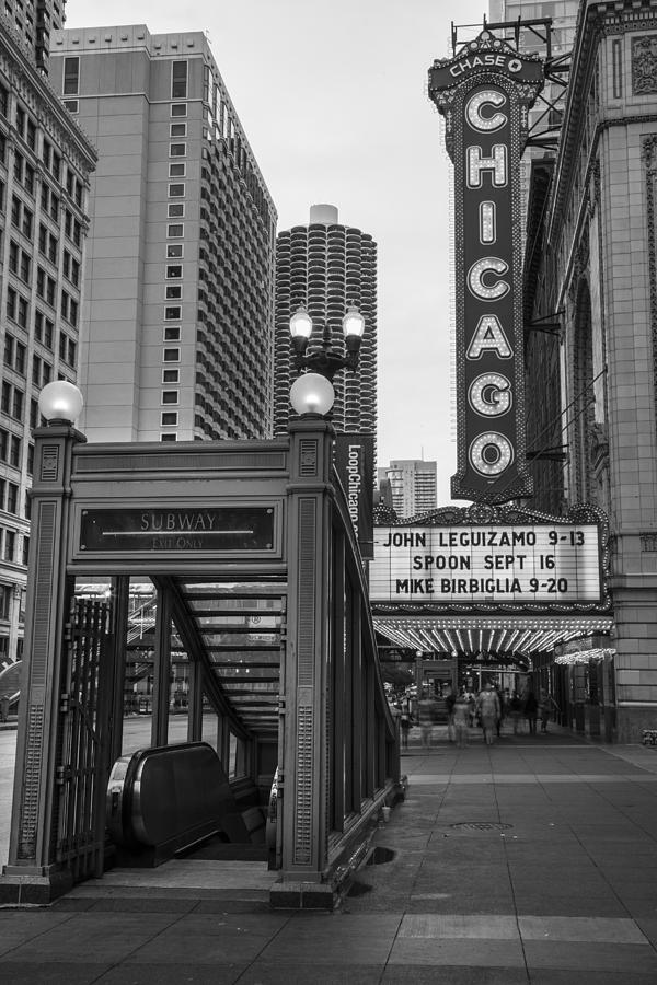 Chicago Theater and Subway Black and White Photograph by John McGraw