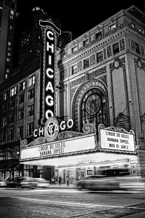 Chicago Photograph - Chicago Theatre Marquee Sign at Night Black and White by Christopher Arndt