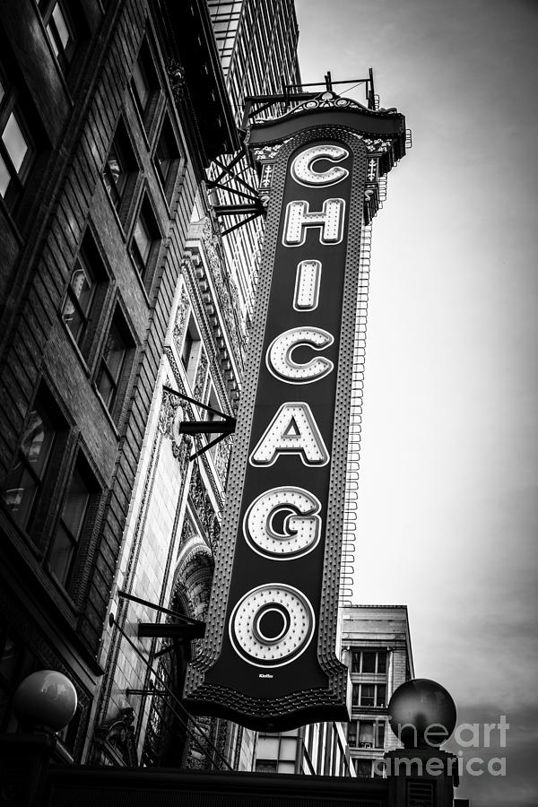 Chicago Photograph - Chicago Theatre Sign in Black and White by Paul Velgos