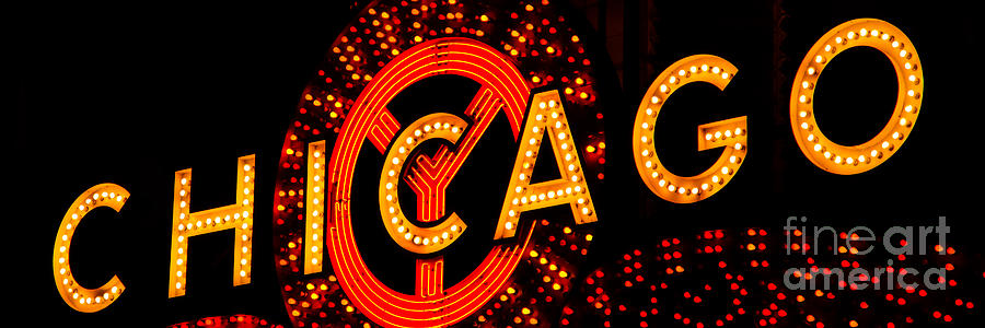 Chicago Theatre Sign Panorama Photo at Night Photograph by Paul Velgos