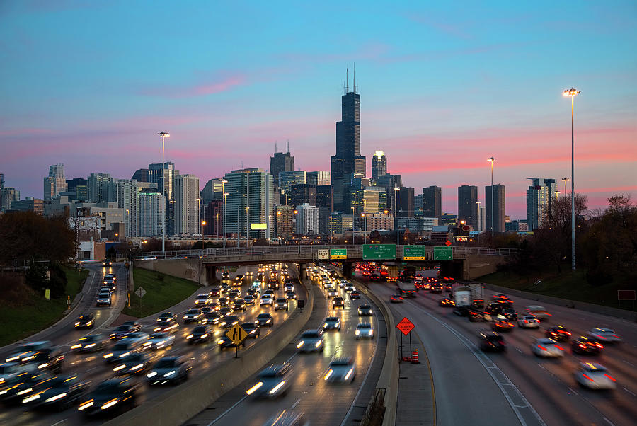 Chicago Traffic And Skyline At Dusk Photograph by Chrisp0