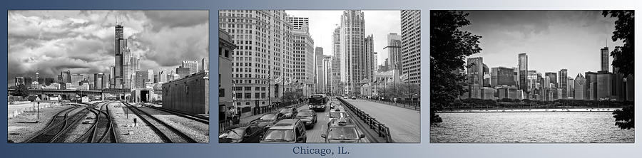 Chicago Photograph - Chicago Triptych 3 Panel Black and White by Thomas Woolworth