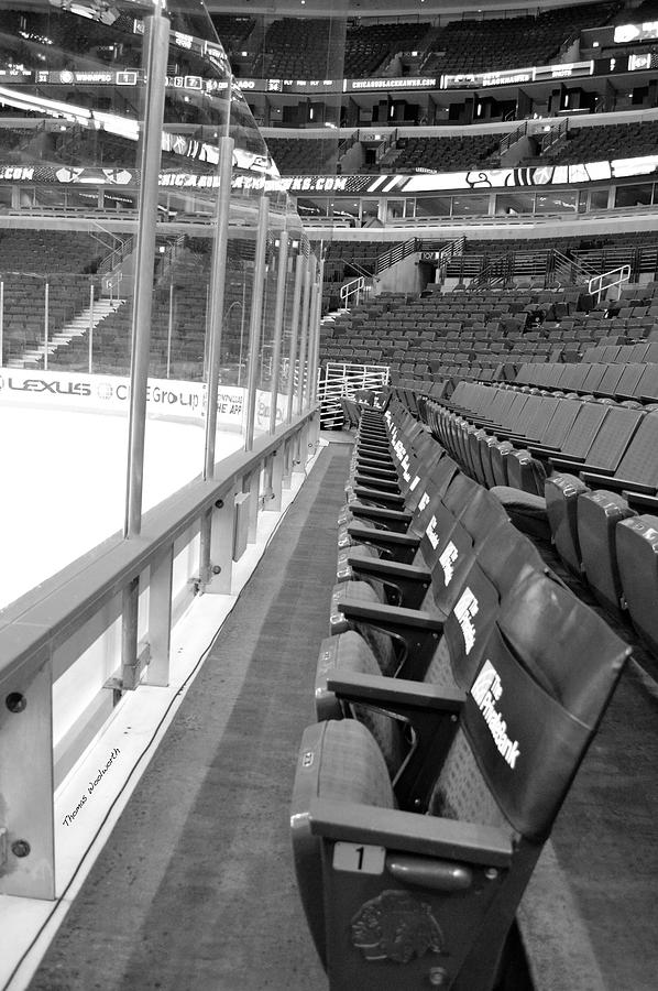 Chicago United Center Before The Gates Open Blackhawk Seat One BW Photograph by Thomas Woolworth