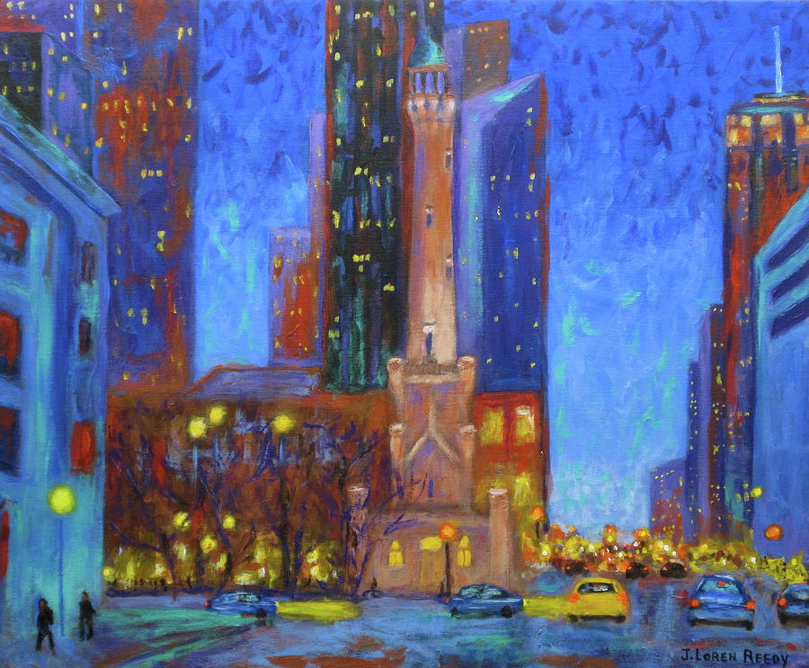 Chicago Water Tower at Night Painting by J Loren Reedy