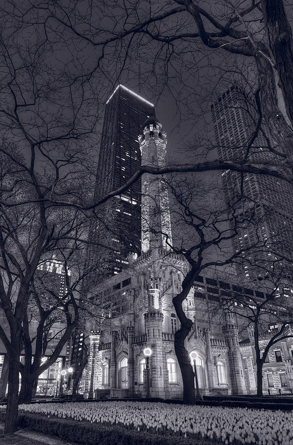 Chicago Photograph - Chicago Water Tower Dusk B W by Steve Gadomski