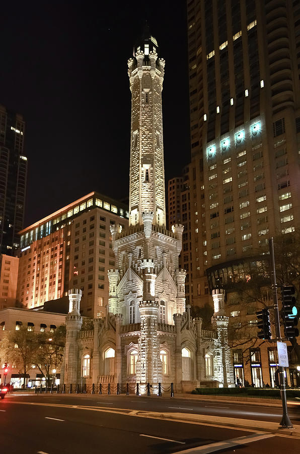 Chicago Water Tower Illuminated At Night Photograph by Sir Francis Canker Photography
