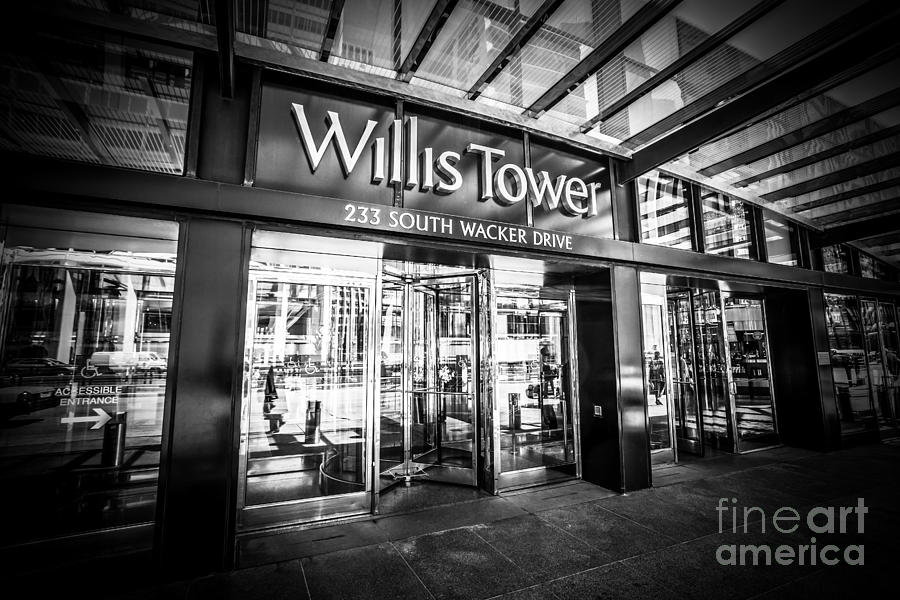 Chicago Willis-Sears Tower Sign in Black and White Photograph by Paul Velgos