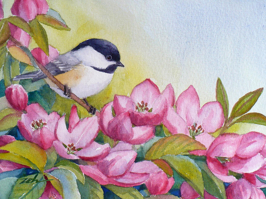 Chickadee and Crabapple Flowers Painting by Janet Zeh