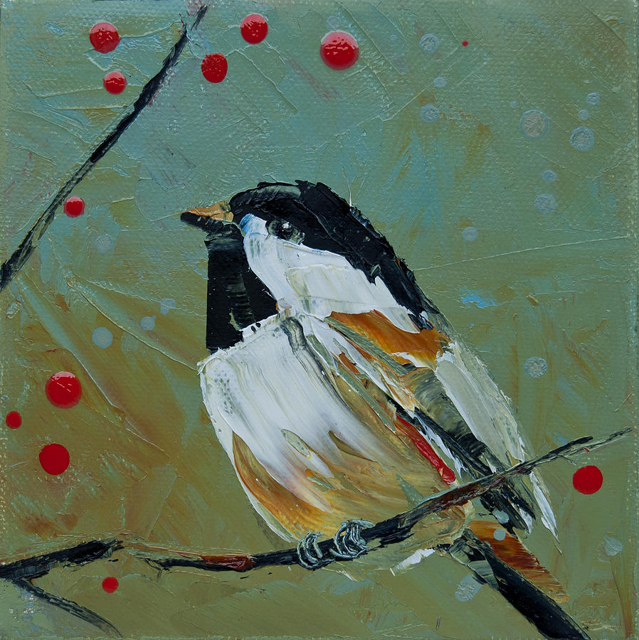 Chickadee And Red Berries Painting by Jani Freimann