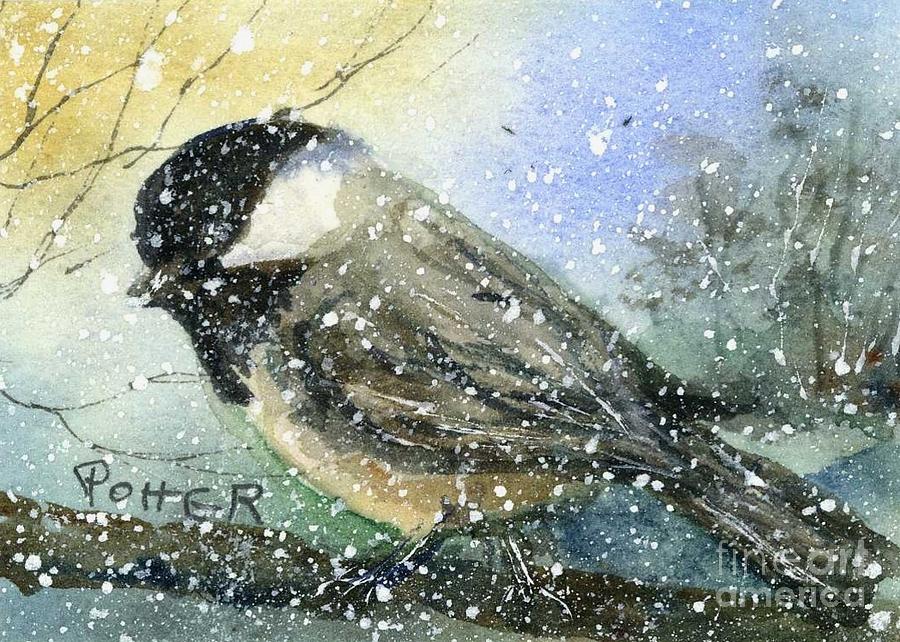 Chickadee in Snow aceo Painting by Virginia Potter