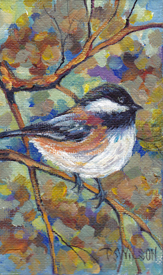 Chickadee with Coppery Branches Painting by Peggy Wilson