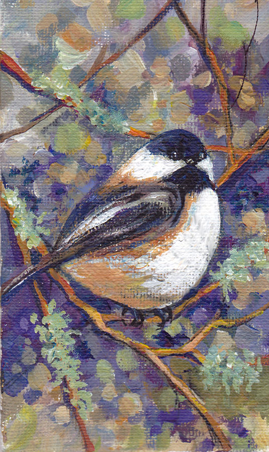 Chickadee with mossy Branches Painting by Peggy Wilson