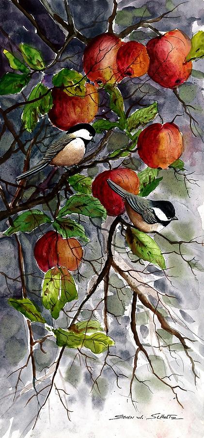 Apple Painting - Chickadees Apple Tree by Steven Schultz