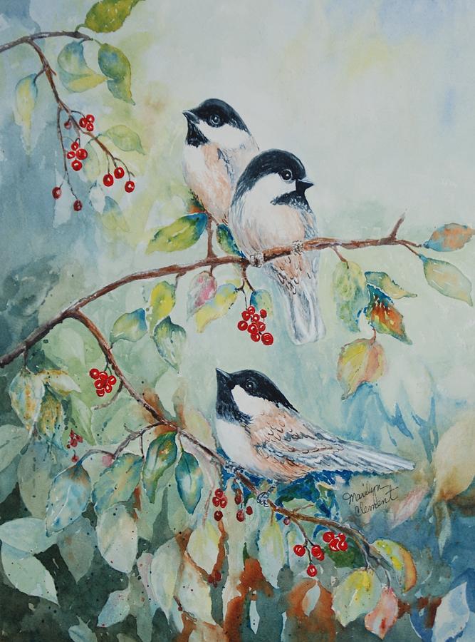 Bird Painting - Chickadees Three by Marilyn  Clement