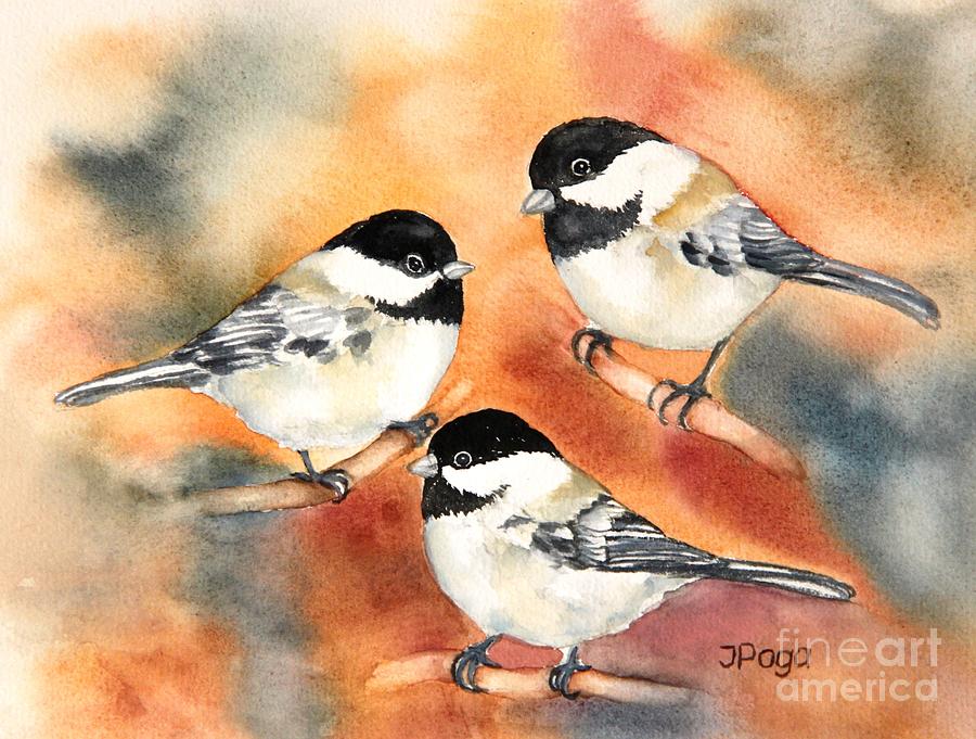 Bird Painting - Chickadees Trio by Inese Poga