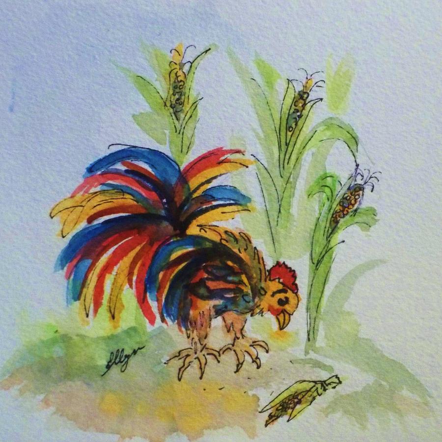 Chicken - Colorful Chicken Pecking Corn Painting by Ellen Levinson