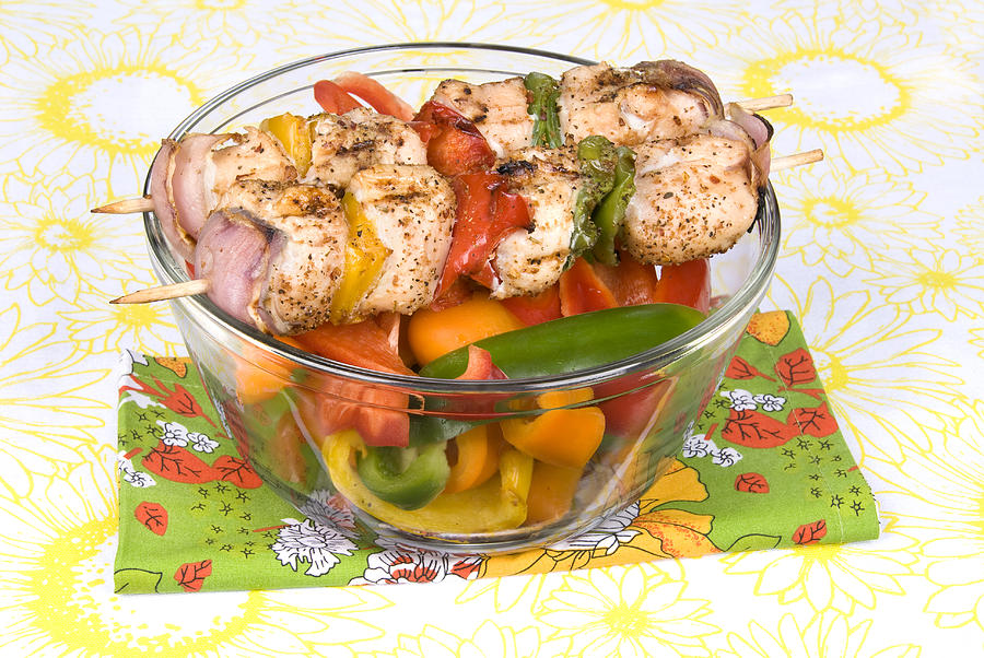 Chicken Photograph - Chicken kebob skewers with bell peppers by Joe Belanger