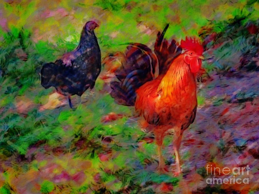 H Chickens at Altona Lagoon - Horizontal  Painting by Lyn Voytershark