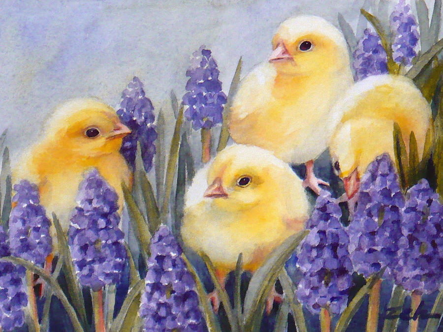 Chicks Among the Hyacinth Painting by Janet Zeh