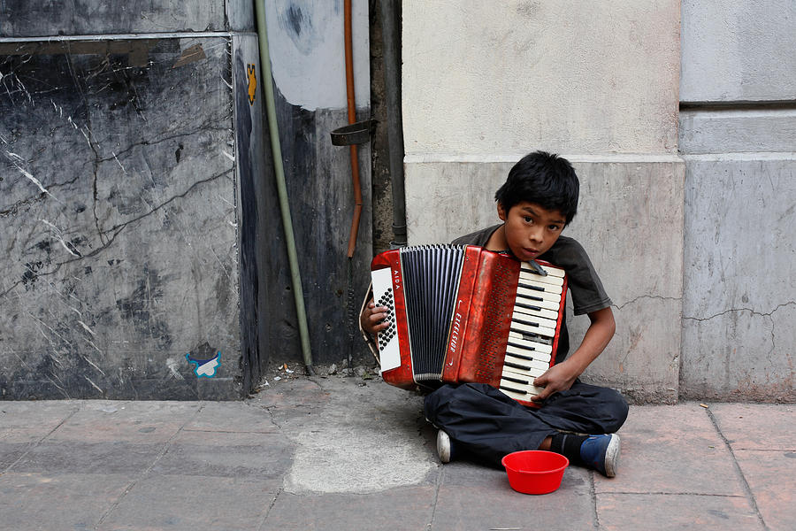 Music Photograph - Child Busker plays Accordion in mexico City by Geraint Rowland