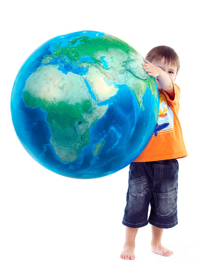 Child holding world Earth globe in his hands Photograph by Maxim Images