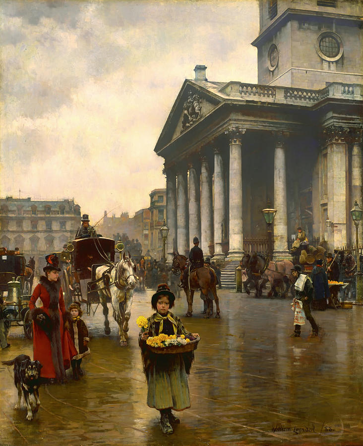 Vintage Painting - Child Selling Flowers in Trafalgar Square by Mountain Dreams