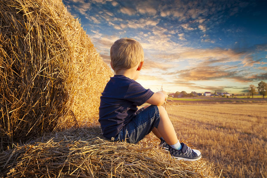 Child sitting on bales of straw Photograph by Avalon_Studio