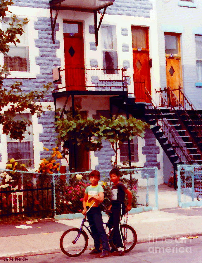 Childhood Montreal Memories Balconies And Bikes The Boys Of Summer Our Streets Tell Our Story Painting by Carole Spandau