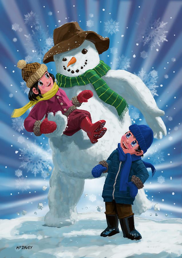 Children and Snowman playing together Painting by Martin Davey