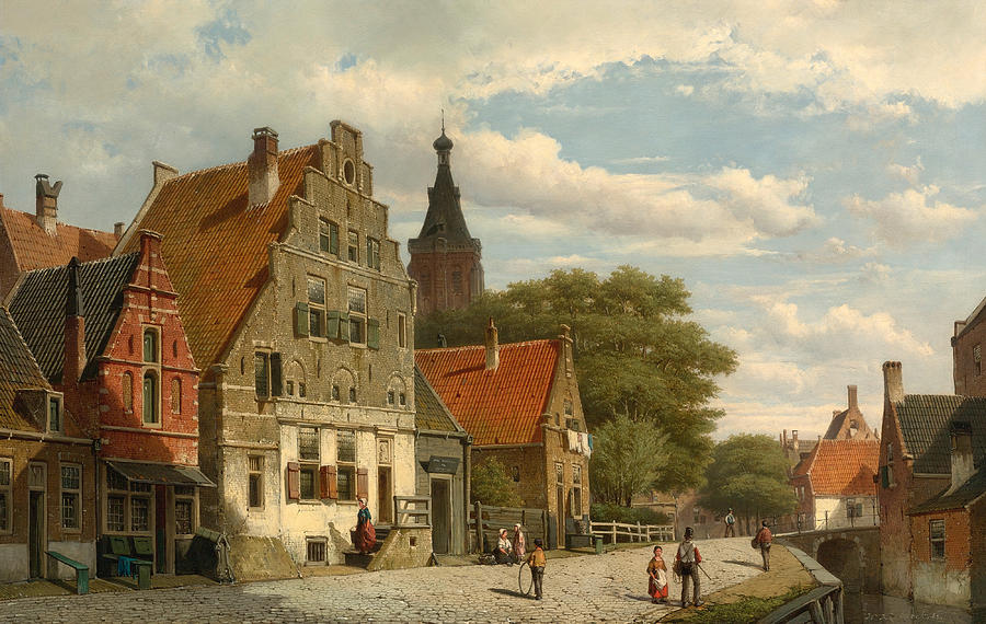 Children and travellers along the canal Painting by Willem Koekkoek