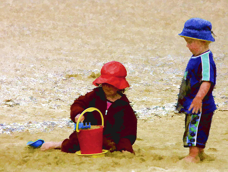 Hat Digital Art - Children at Play on Waitangi Beach by Linda Phelps