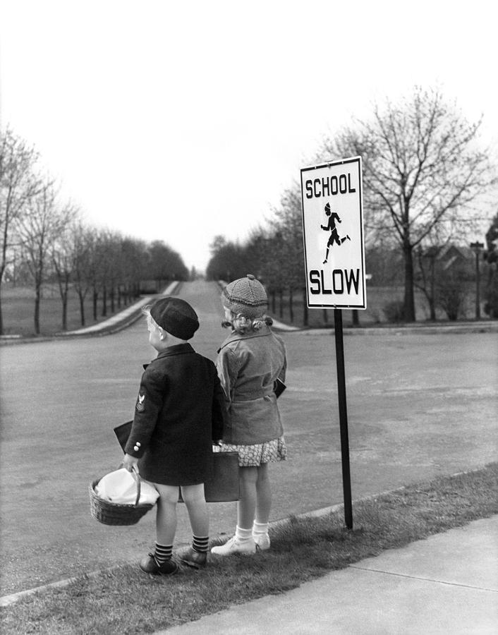 Children By School Slow Sign, C.1930-40s Photograph by H. Armstrong Roberts/ClassicStock