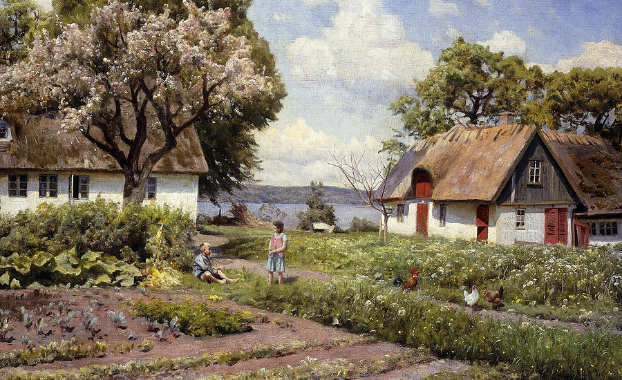 Peder Monsted Painting - Children in a Farmyard by Peder Monsted