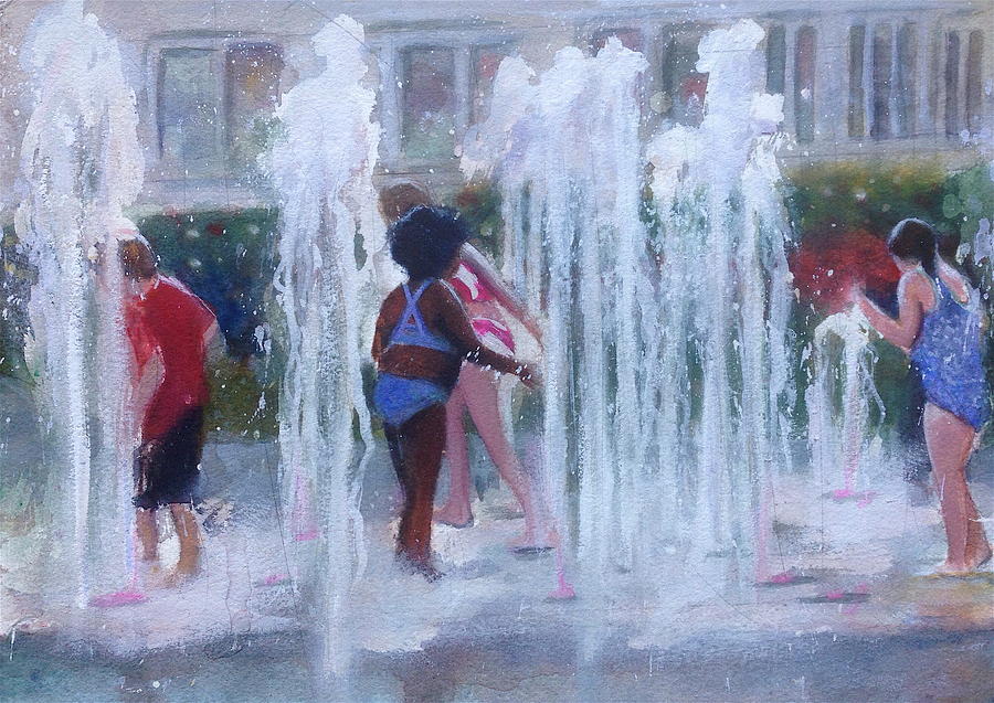 Children in fountains Painting by Gregory DeGroat