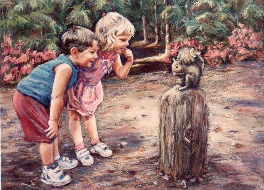 Children in woods Painting by Kay Ridge