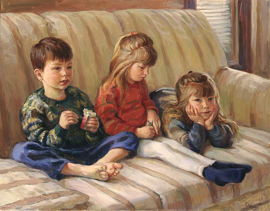 Children on a sofa Painting by Serguei Zlenko