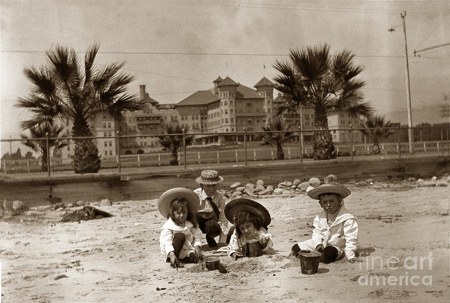 Children Photograph - Children on the Santa Barbara beach in front of the Potter Hotel circa 1915 by Monterey County Historical Society