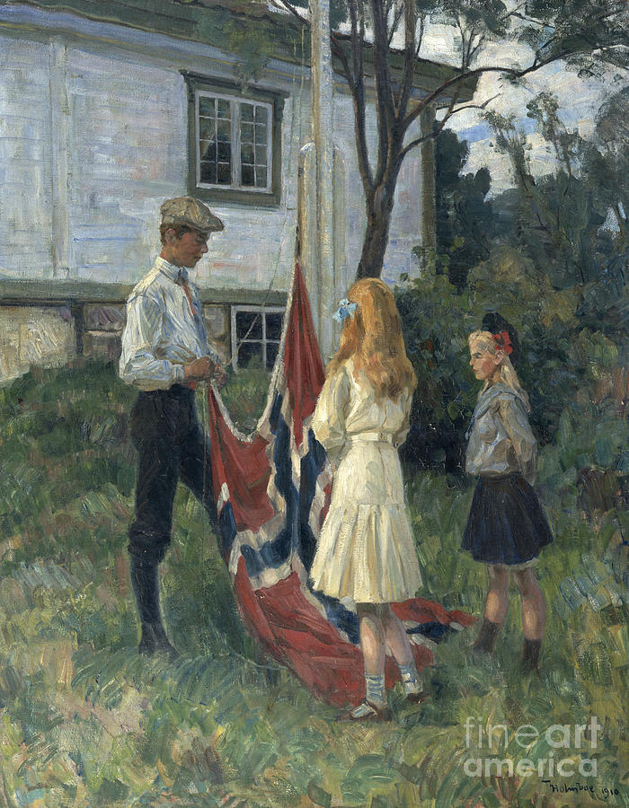 Children raise the Norwegian flag Painting by Thorolf Holmboe