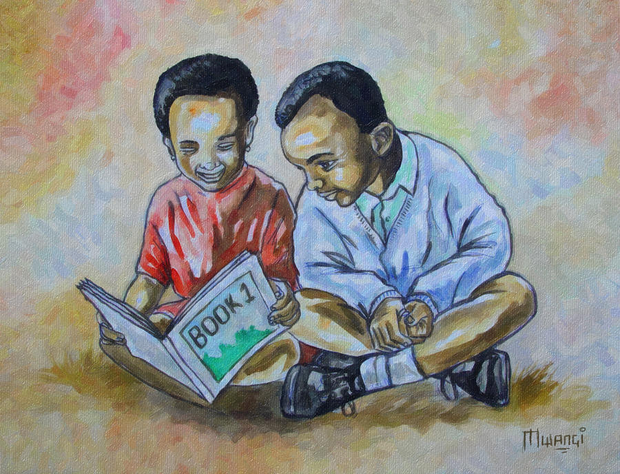 Children Reading Drawing by Anthony Mwangi