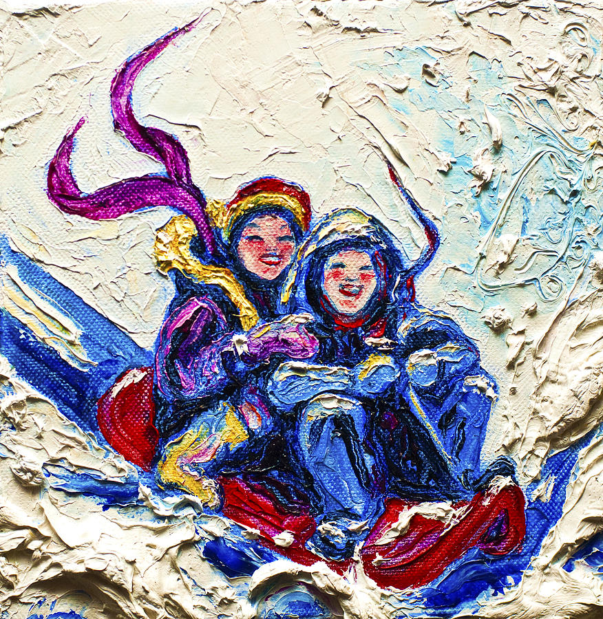 Children Sledding in the Snow Painting by Paris Wyatt Llanso