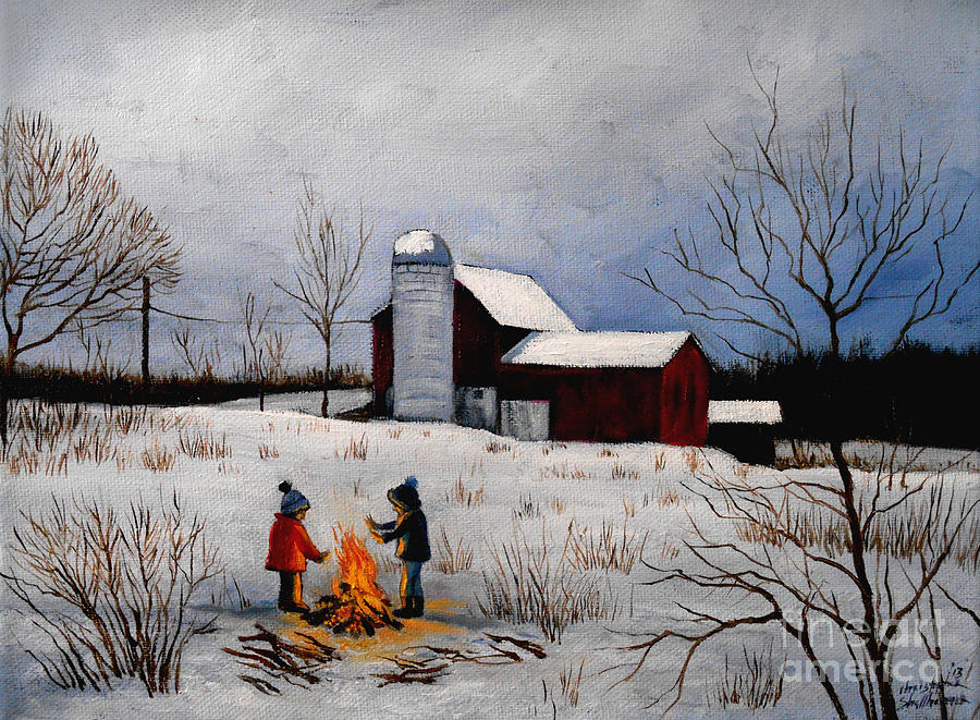 Children warming up by the fire Painting by Christopher Shellhammer