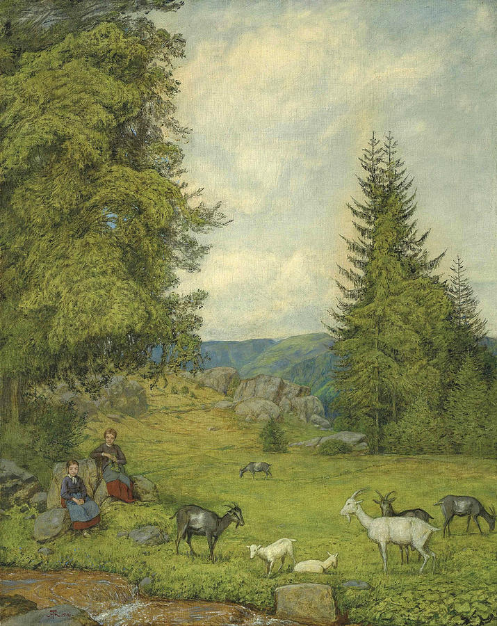 Hans Thoma Painting - Children with goat herd by Hans Thoma