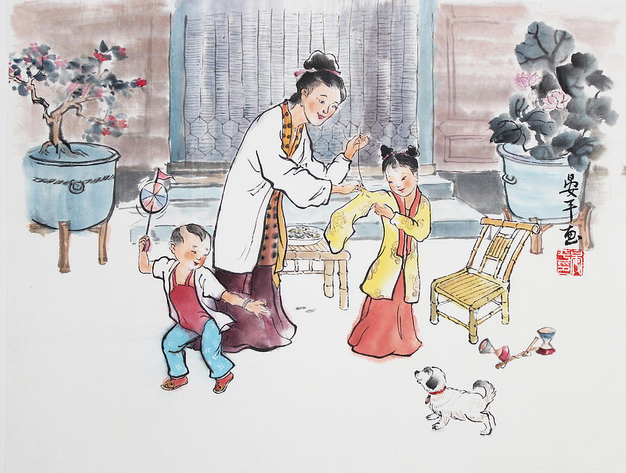 Children with mom Painting by Ping Yan