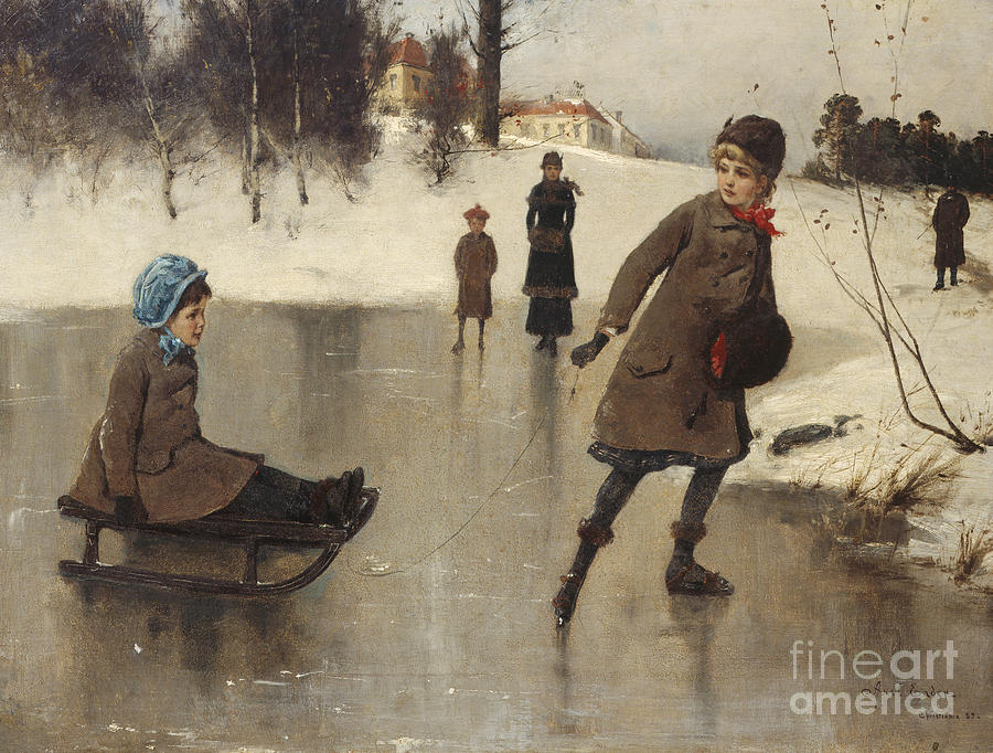 Children with sledge in front of Bogstad farmBogs Painting by Axel Ender