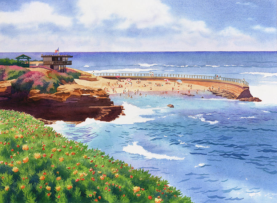 Beach Painting - Childrens Pool in La Jolla by Mary Helmreich