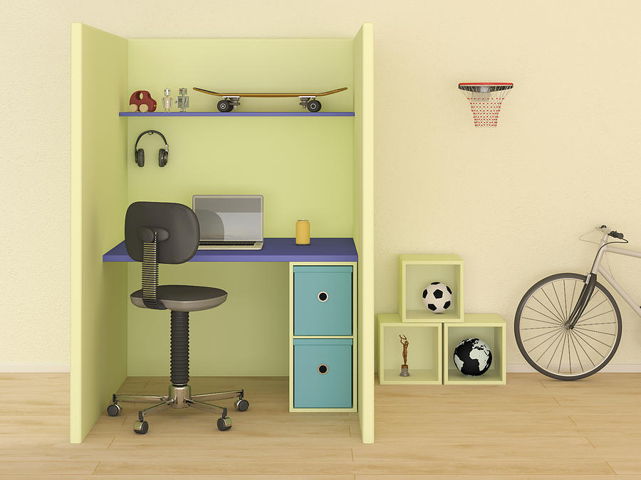 Childrens room with modern desk, 3D Rendering Drawing by Westend61